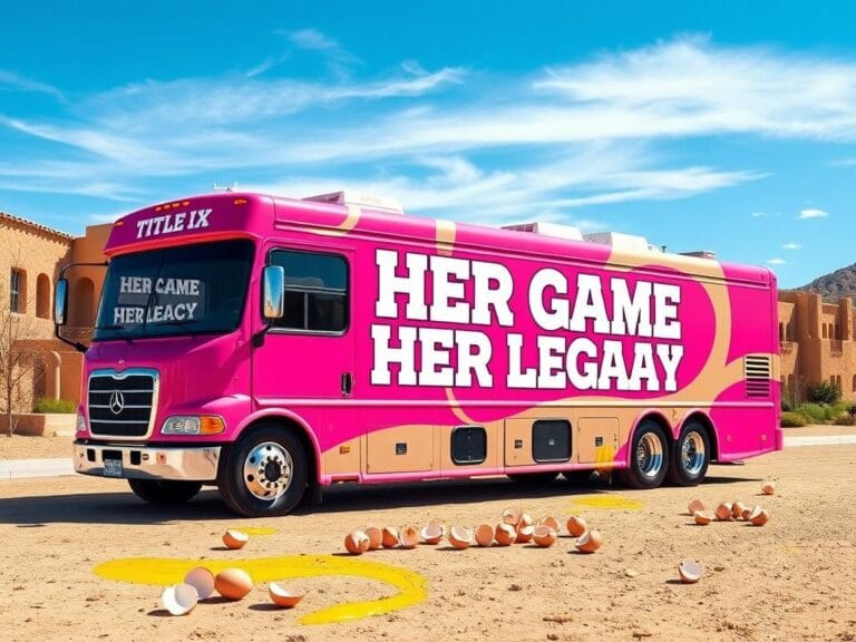 Flick International Custom tour bus themed around Title IX parked in Santa Fe, New Mexico with eggshells scattered around