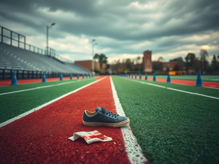 Flick International Empty track with discarded shoe symbolizes loss at track meet