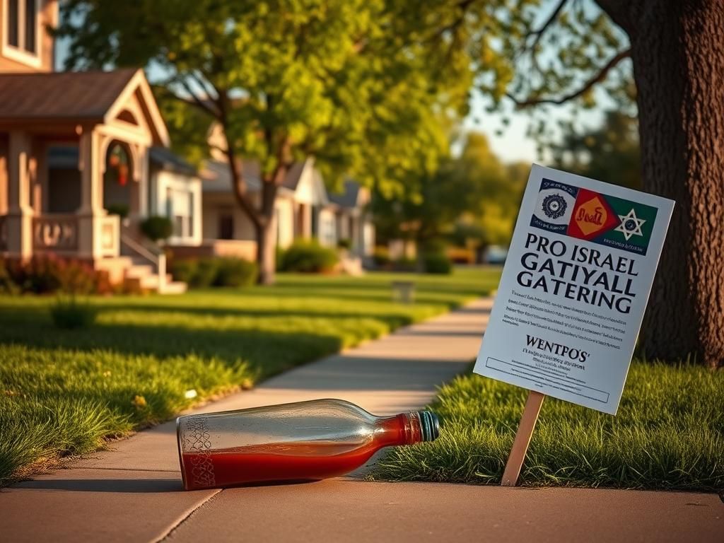 Flick International Peaceful Boulder neighborhood with a discarded Molotov cocktail, symbolizing recent violence