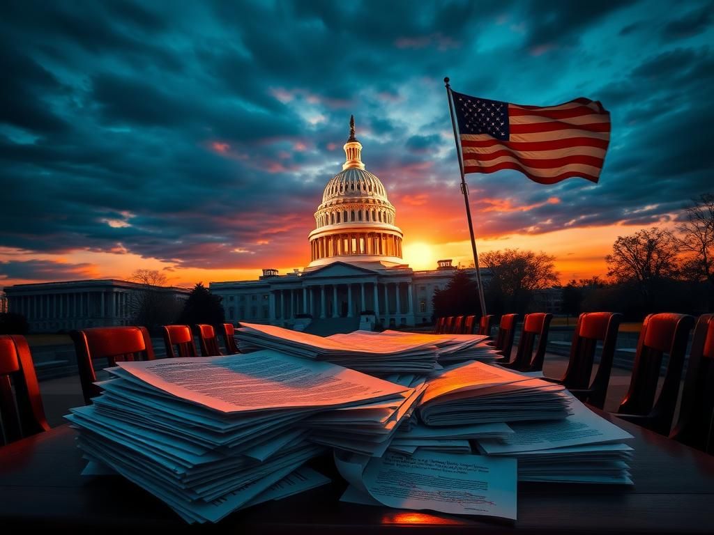 Flick International Dramatic view of the U.S. Capitol building at dusk with an American flag in the foreground
