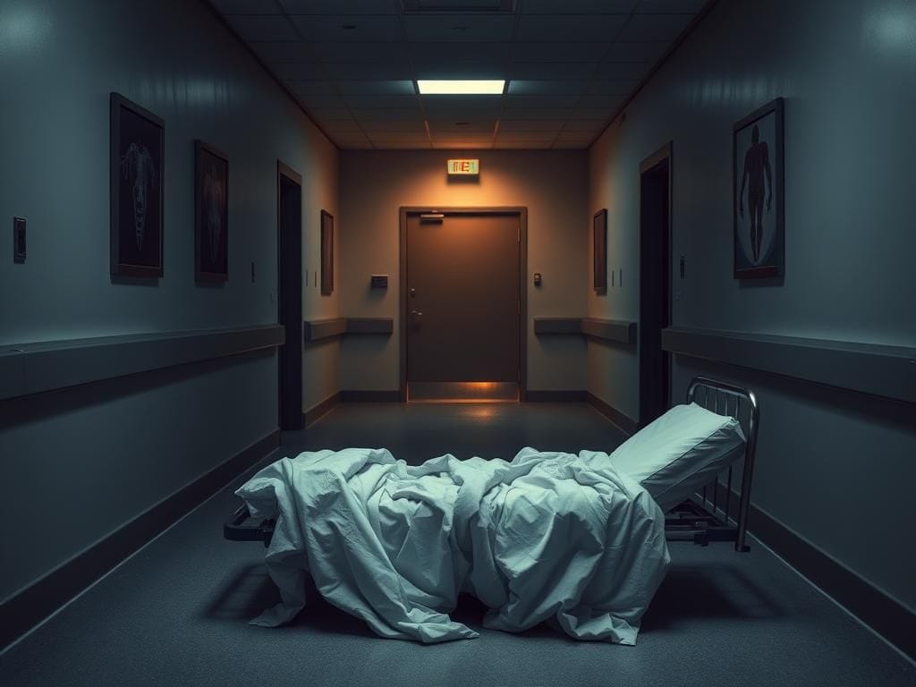Flick International A dimly lit hospital hallway evoking unease and investigation