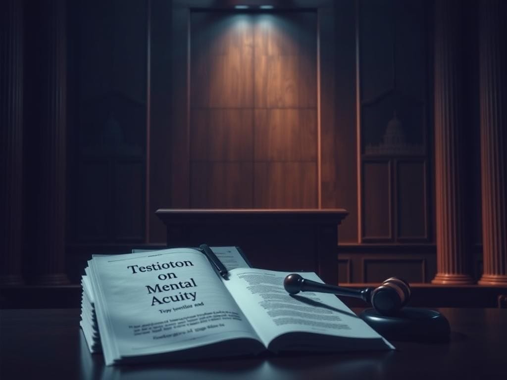 Flick International A dramatic courtroom scene with a witness stand, gavel, and documents on mental acuity testimony