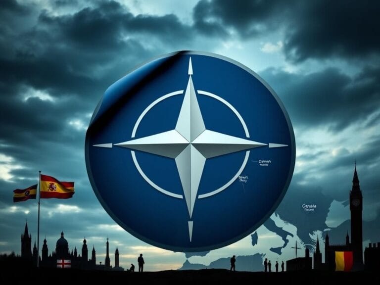 Flick International A solemn representation of NATO's insignia surrounded by European national flags against a dramatic sky