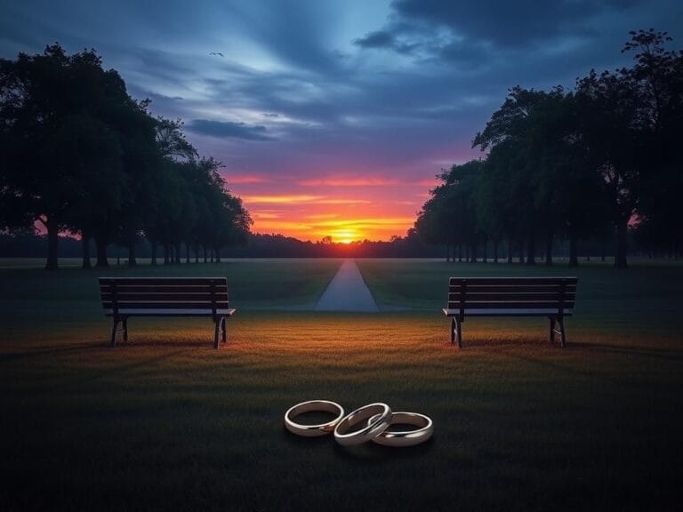 Flick International A serene park at dusk symbolizing separation with two empty benches and faded wedding bands