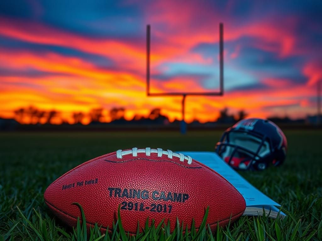 Flick International A vibrant football field at dusk with a well-worn football in the foreground