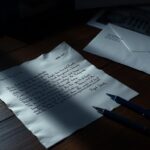 Flick International A shadowy, partially finished letter with threatening phrases and a crumpled corner on a wooden desk