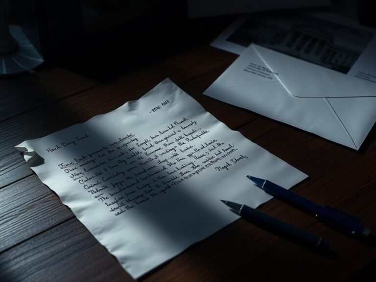 Flick International A shadowy, partially finished letter with threatening phrases and a crumpled corner on a wooden desk