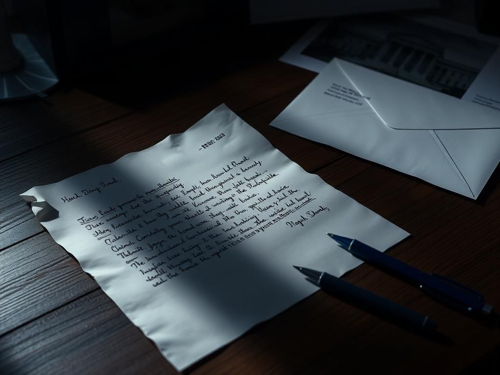 Flick International A shadowy, partially finished letter with threatening phrases and a crumpled corner on a wooden desk