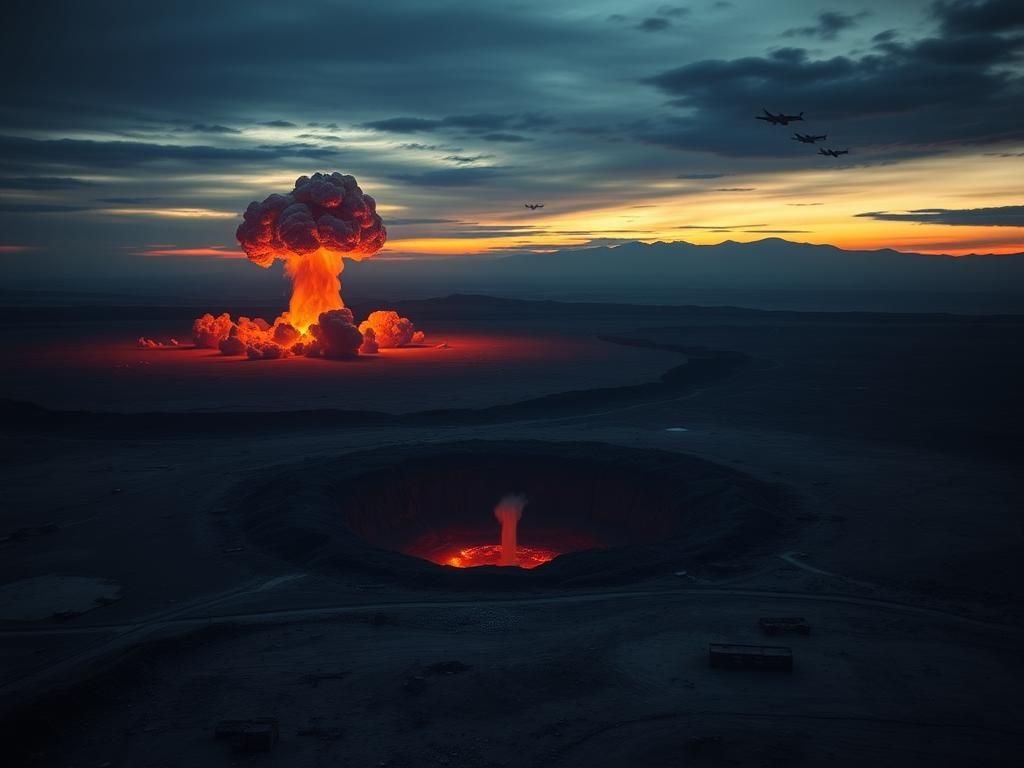Flick International Aerial view of a rugged landscape with explosion effects illustrating military conflict