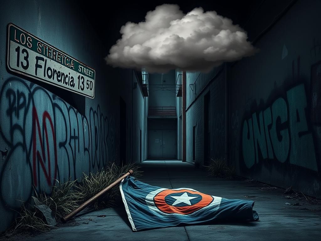 Flick International A gritty urban landscape representing gang territory in Los Angeles with a worn wall and graffiti.