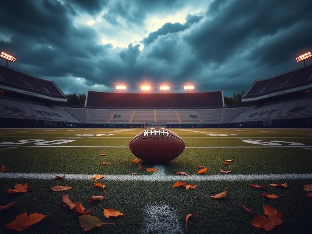 Flick International A dramatic football field at dusk, featuring a centered football and fallen autumn leaves, symbolizing the transition and focus on fundamentals.