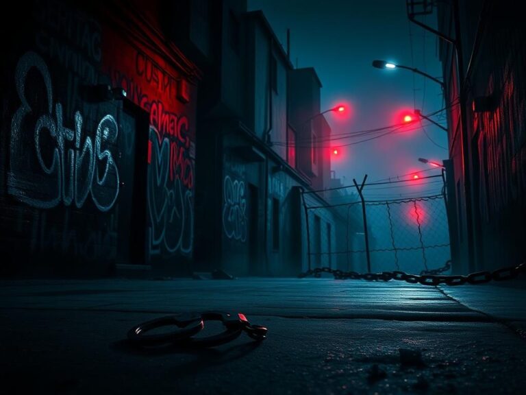Flick International Dark urban landscape symbolizing organized crime with abandoned handcuffs
