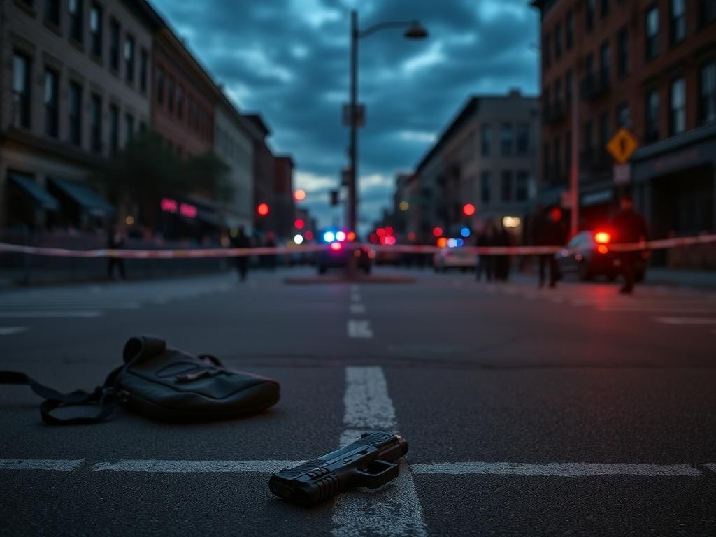 Flick International Empty intersection in West Baltimore with a discarded bag and fallen handgun after a police shooting