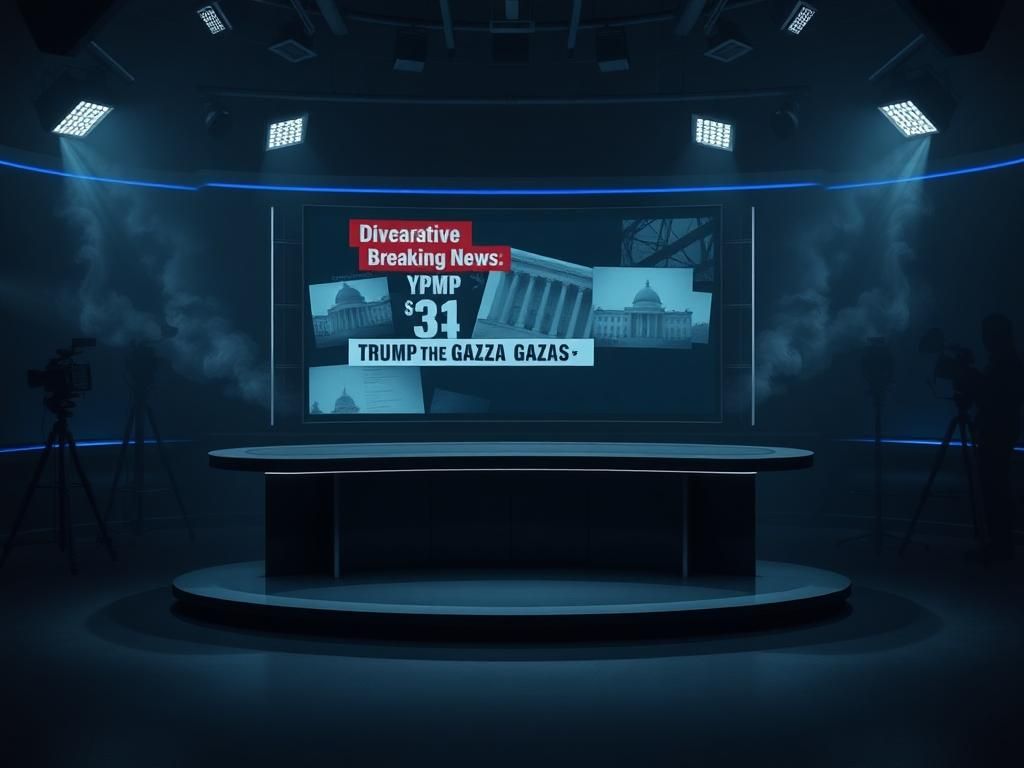 Flick International A darkened newsroom environment with an empty broadcasting desk and muted colors symbolizing uncertainty and discontent.
