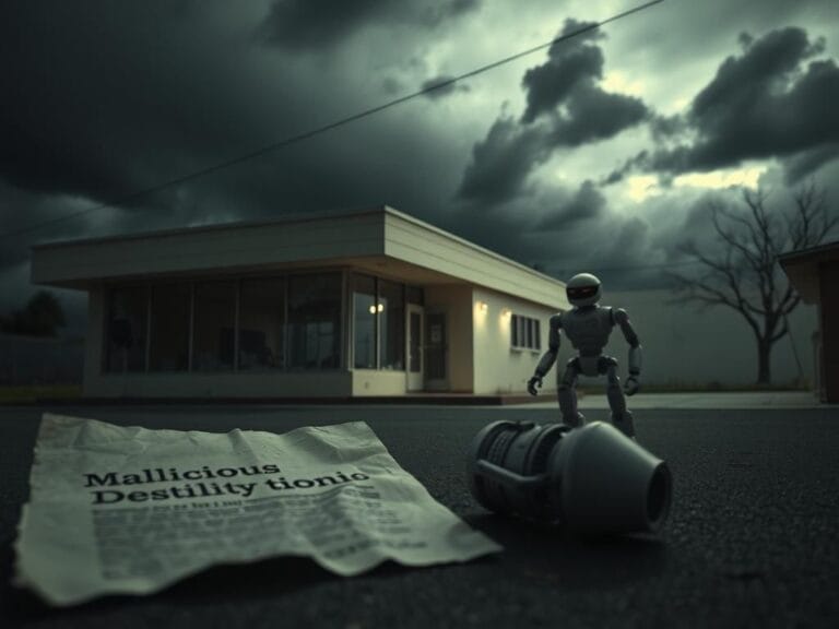 Flick International A dimly lit California fertility clinic exterior showing shattered glass and signs of bombing destruction.