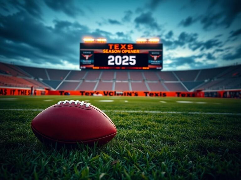 Flick International Football field at dusk with Texas Longhorns colors and a football on the turf