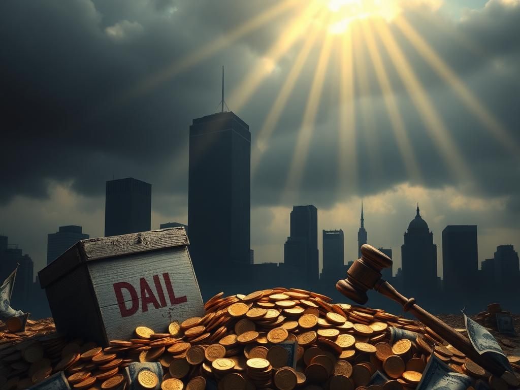 Flick International A crumbling ballot box and broken gavel buried under gold coins and dollar bills, symbolizing the influence of wealth in democracy