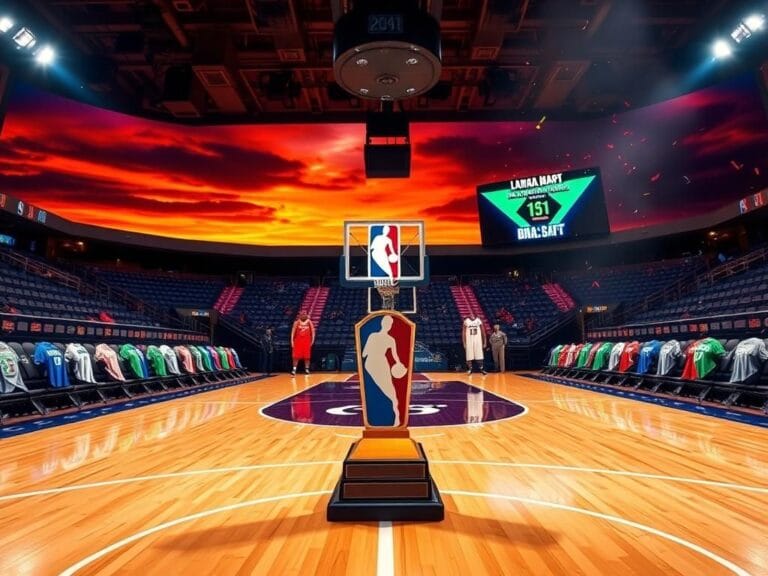 Flick International Dynamic basketball court scene at sunset with NBA logos and players' jerseys