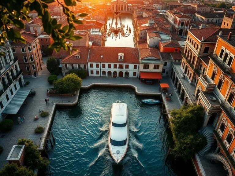 Flick International Aerial view of the picturesque Venetian landscape with canals and historic buildings