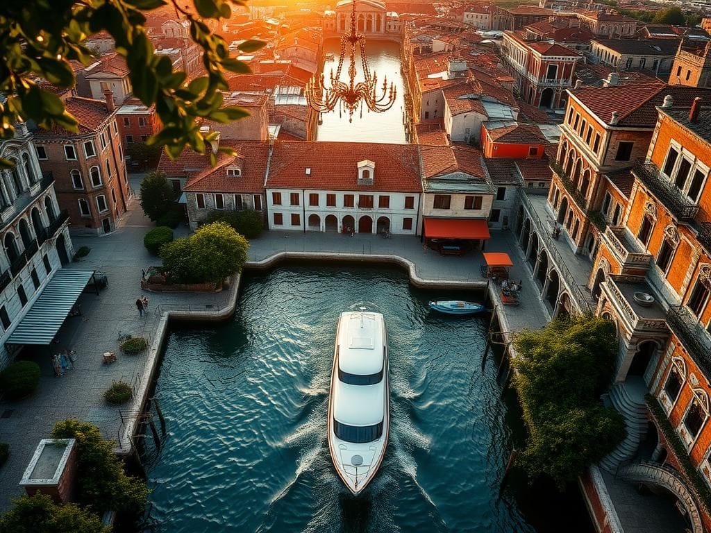 Flick International Aerial view of the picturesque Venetian landscape with canals and historic buildings