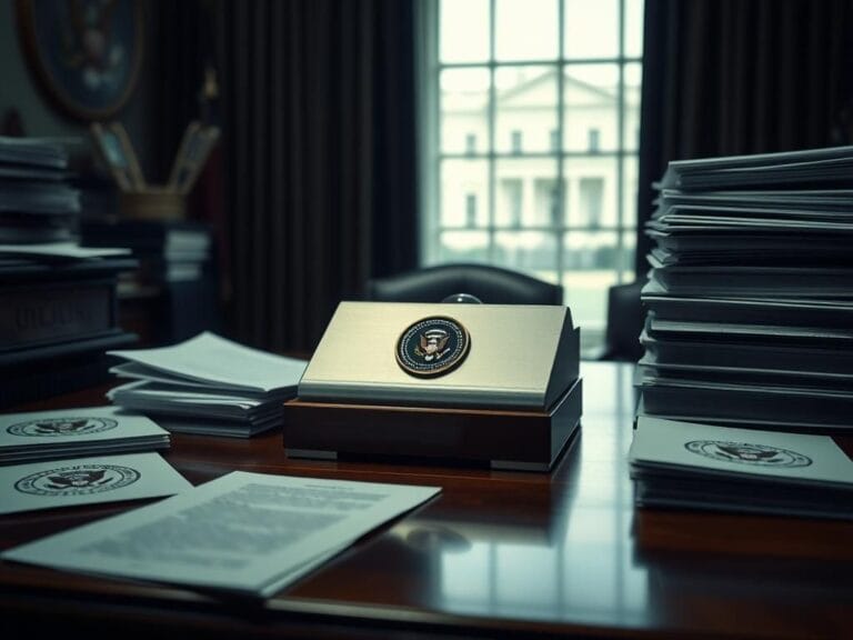 Flick International Close-up of a presidential autopen machine on a polished wooden desk