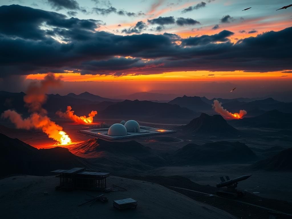 Flick International Aerial view of Iranian nuclear facilities after military strikes, with smoke and debris visible