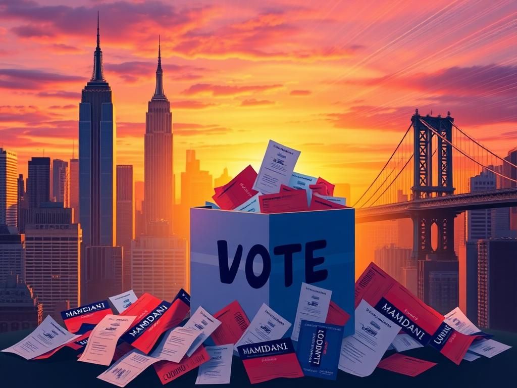 Flick International A vibrant New York City skyline at dusk with a ballot box symbolizing ranked-choice voting.