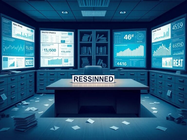 Flick International Abstract office environment within the Department of Government Efficiency showing scattered paperwork and digital screens