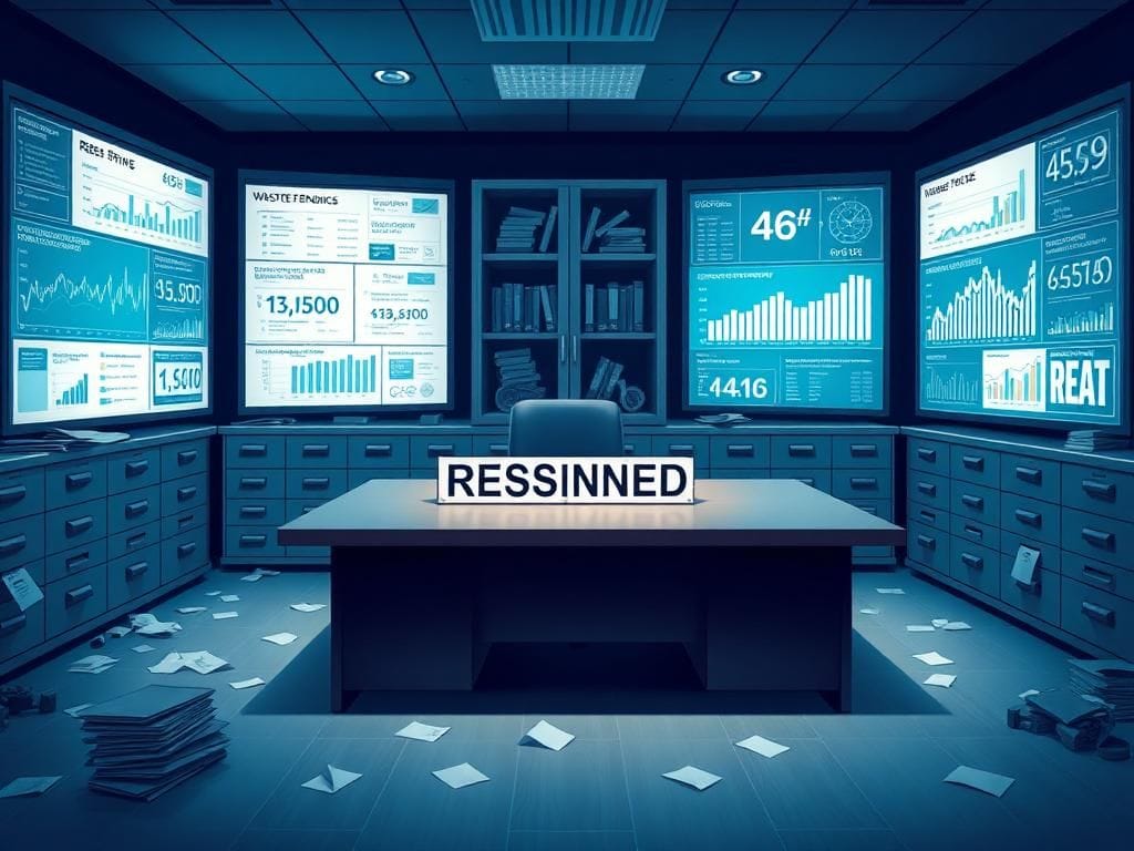 Flick International Abstract office environment within the Department of Government Efficiency showing scattered paperwork and digital screens