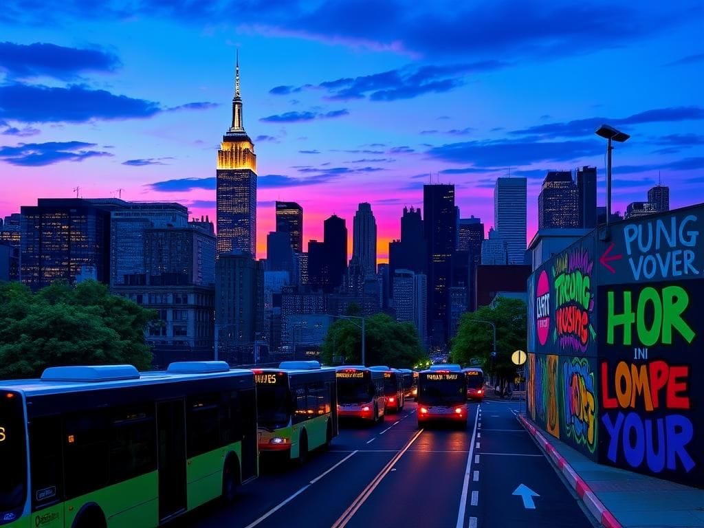 Flick International New York City skyline at dusk with Empire State Building and One World Trade Center illuminated.