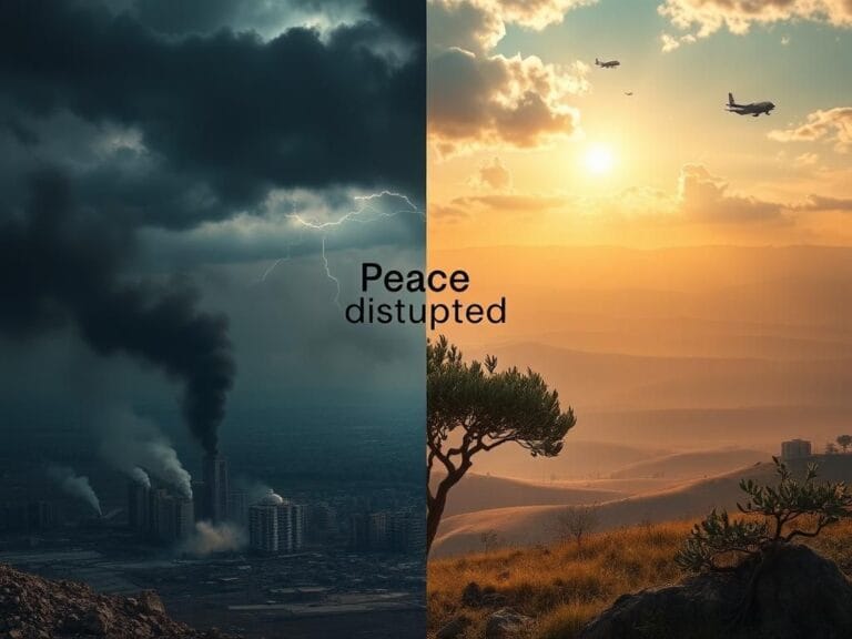 Flick International A dramatic image depicting the conflict between Israel and Iran, showcasing contrasting scenes of destruction and peace.