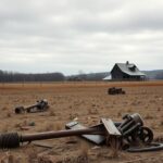 Flick International A barren landscape in Vermont highlighting labor shortages with abandoned tools and a dilapidated barn.
