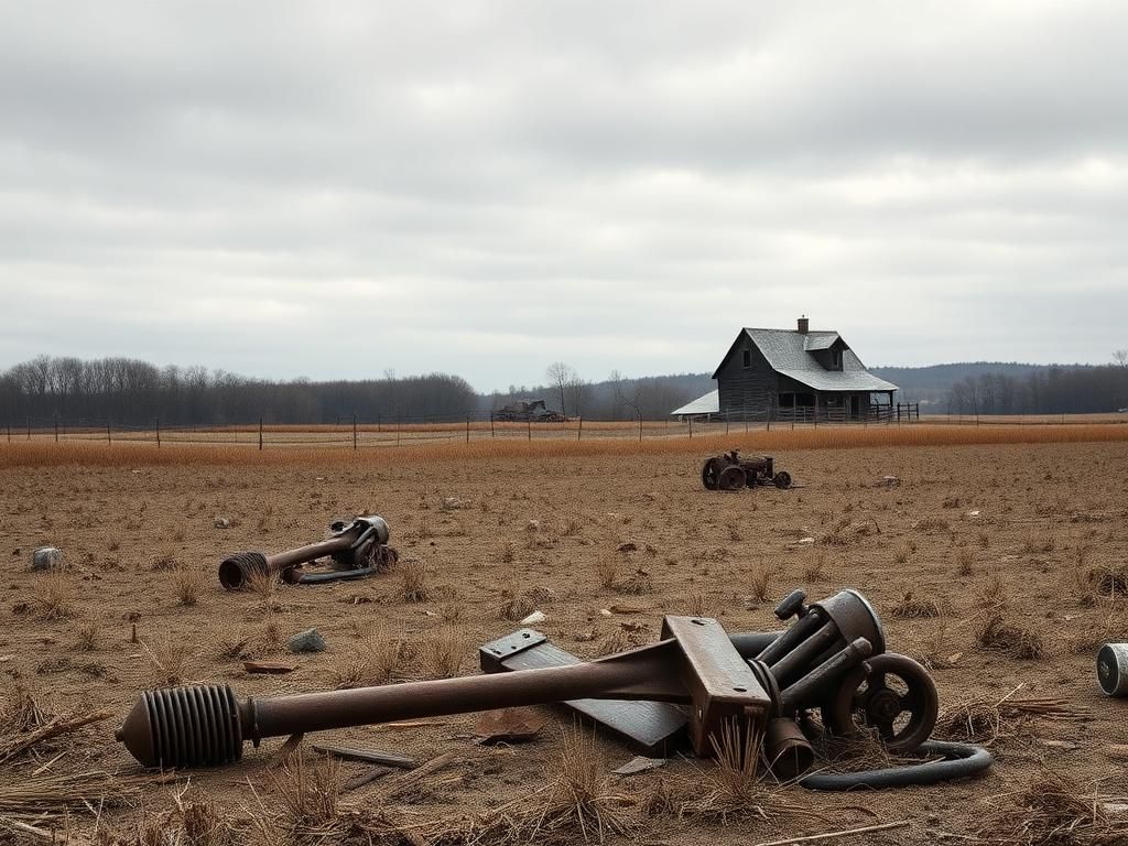 Flick International A barren landscape in Vermont highlighting labor shortages with abandoned tools and a dilapidated barn.