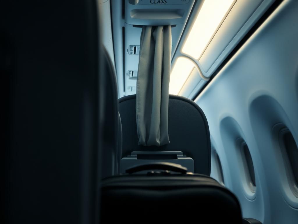 Flick International Close-up of airplane cabin with hidden suitcase behind cabin divider