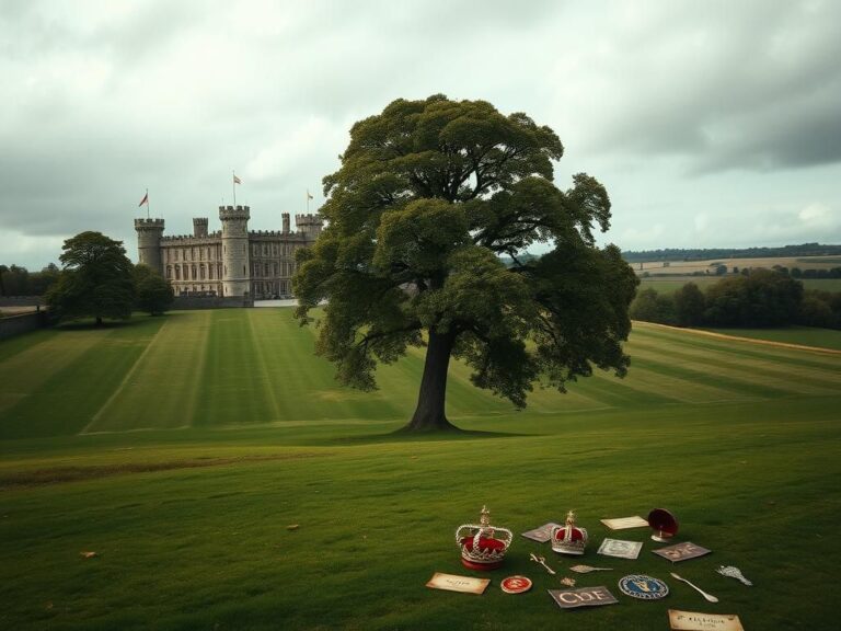 Flick International Majestic oak tree and ornate castle representing British royal legacy
