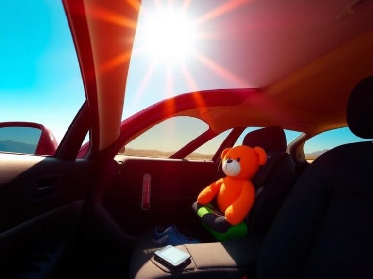 Flick International An empty child car seat in a parked car under the sun, symbolizing the danger of leaving children in hot vehicles.