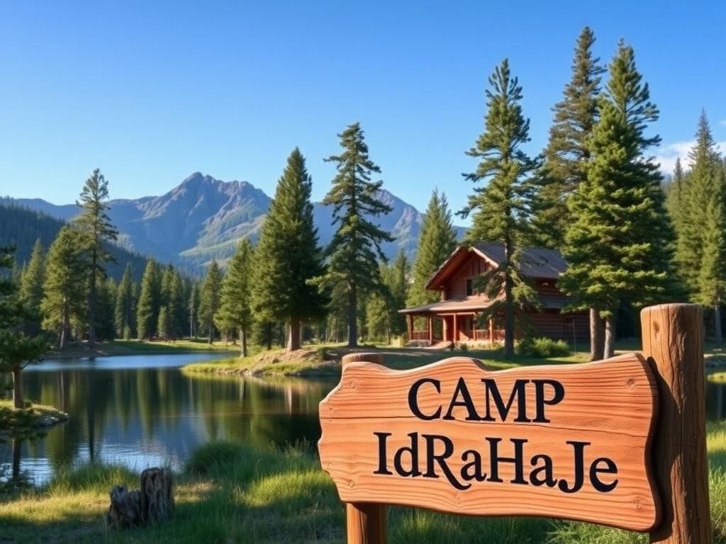 Flick International A serene landscape of Camp IdRaHaJe, a Christian summer camp in the Rocky Mountains, featuring a rustic cabin and a calm lake.