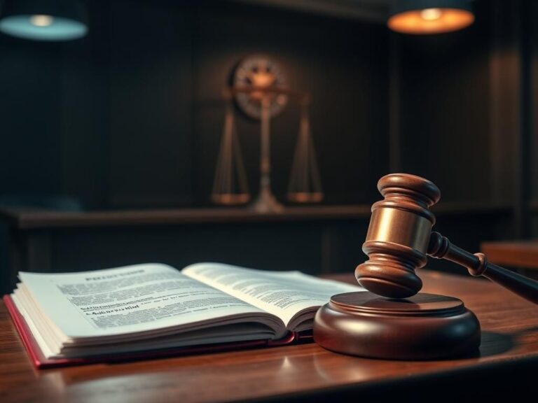 Flick International A dimly lit courtroom with a gavel on a wooden bench, symbolizing justice during a high-profile trial