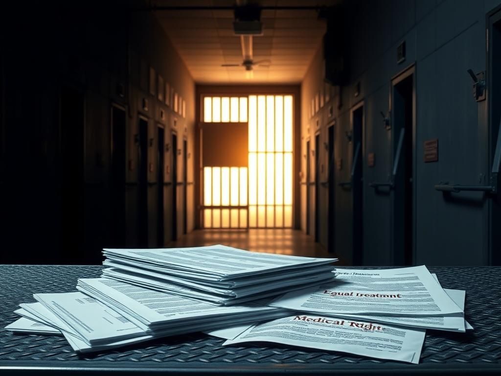 Flick International A dimly lit prison corridor with gray walls and heavy steel doors, symbolizing incarceration and hope.