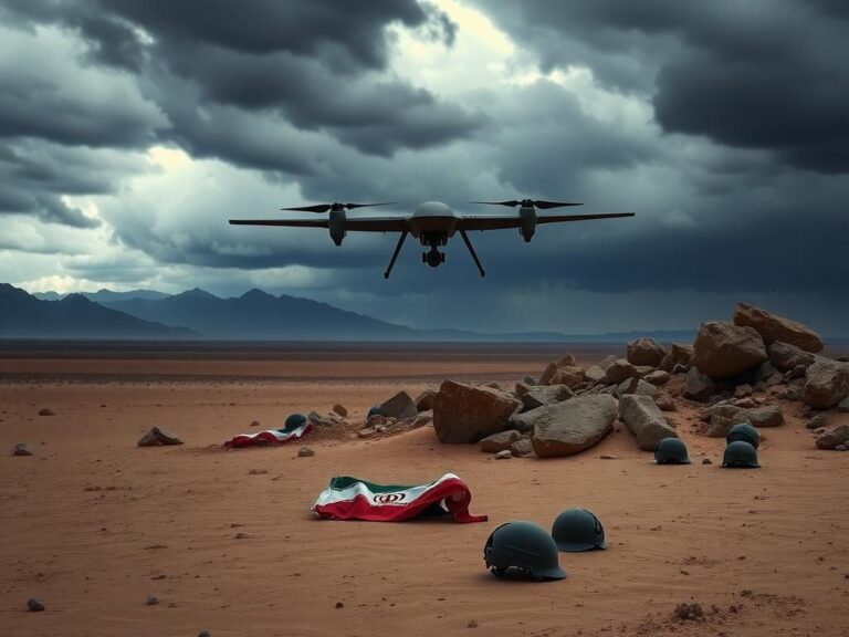 Flick International A military drone hovering over a barren desert landscape symbolizing US-Iran tensions