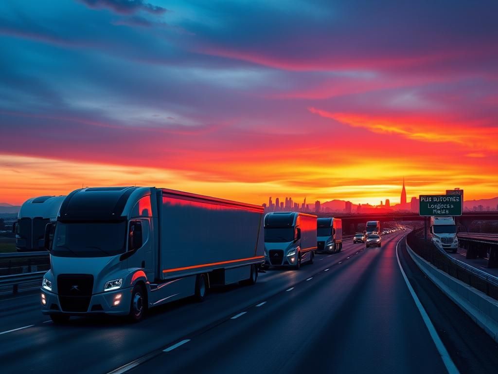 Flick International Futuristic convoy of autonomous trucks from Plus Automation on a highway at dusk