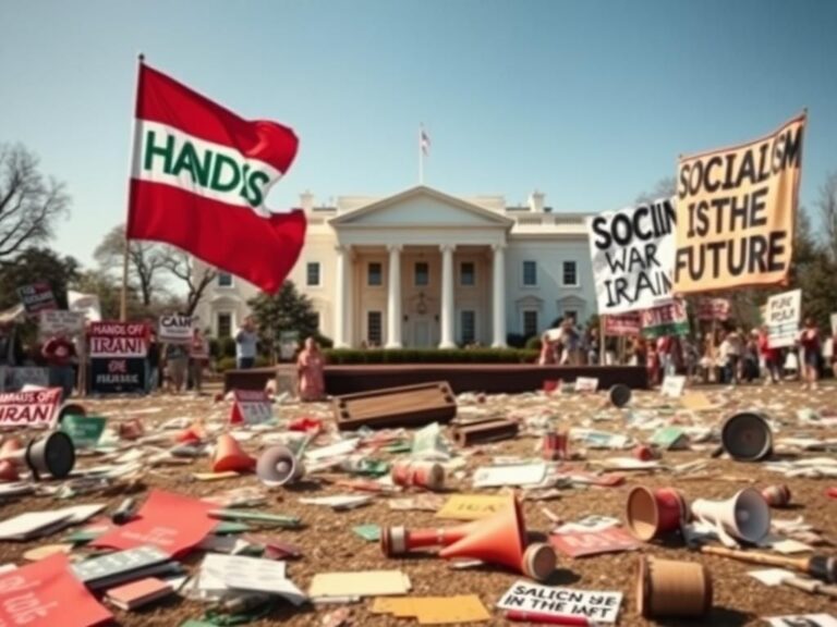 Flick International A chaotic array of protest materials scattered in front of the White House, symbolizing ideological conflict.