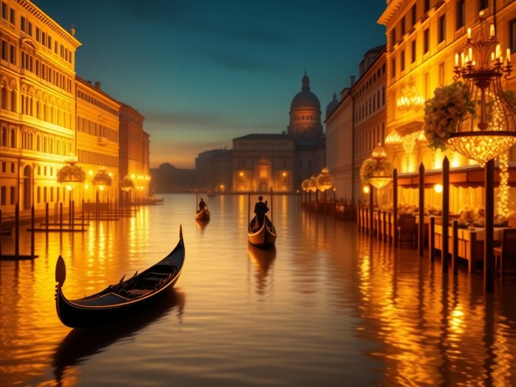 Flick International Romantic sunset over the canals of Venice with a gondola floating serenely on the water.