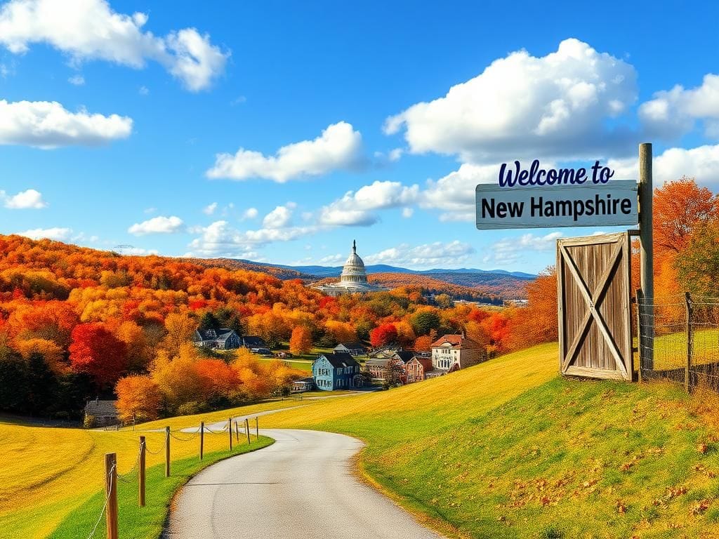 Flick International A picturesque autumn landscape of New Hampshire with vibrant fall foliage and a quaint New England village