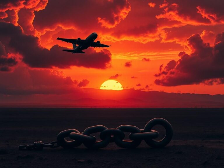 Flick International Silhouette of a military jet flying through a fiery sunset over barren terrain