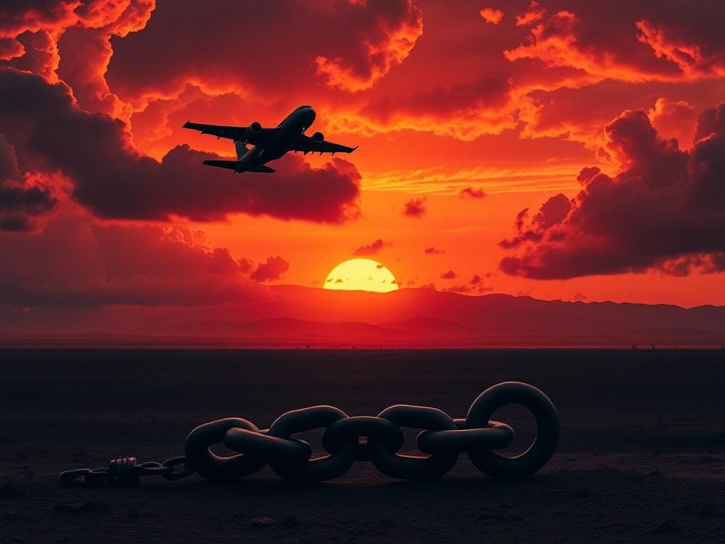 Flick International Silhouette of a military jet flying through a fiery sunset over barren terrain