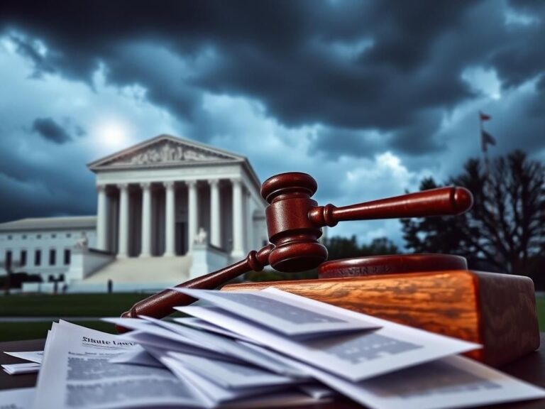 Flick International An imposing Supreme Court building against a stormy sky with a gavel and legal briefs in the foreground