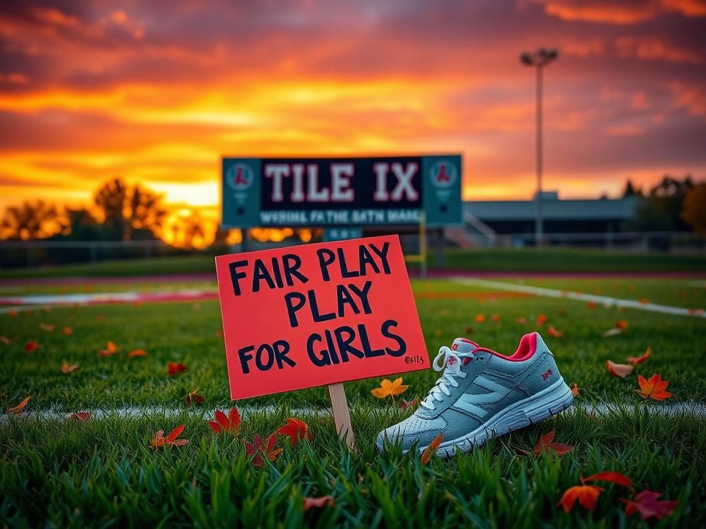 Flick International A captivating sports field at sunset with sports shoes on a protest sign