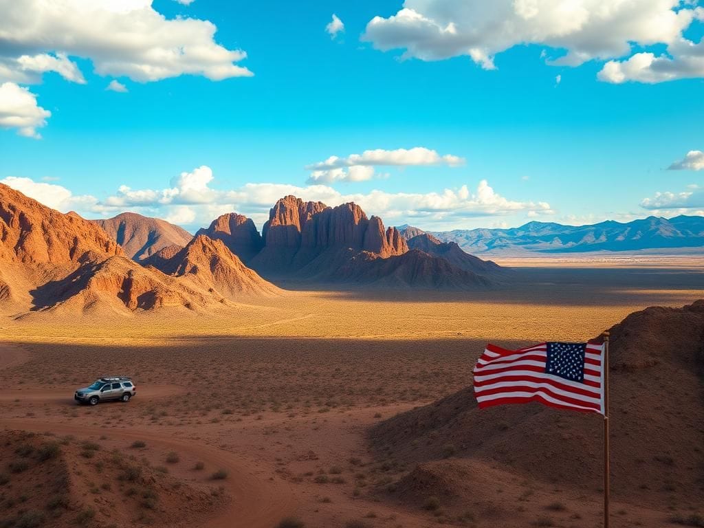 Flick International A sweeping landscape of the Arizona-Mexico border with a waving American flag in the foreground.