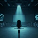 Flick International Conceptual image of a dimly lit public broadcasting studio with a shadowy microphone, symbolizing silenced media
